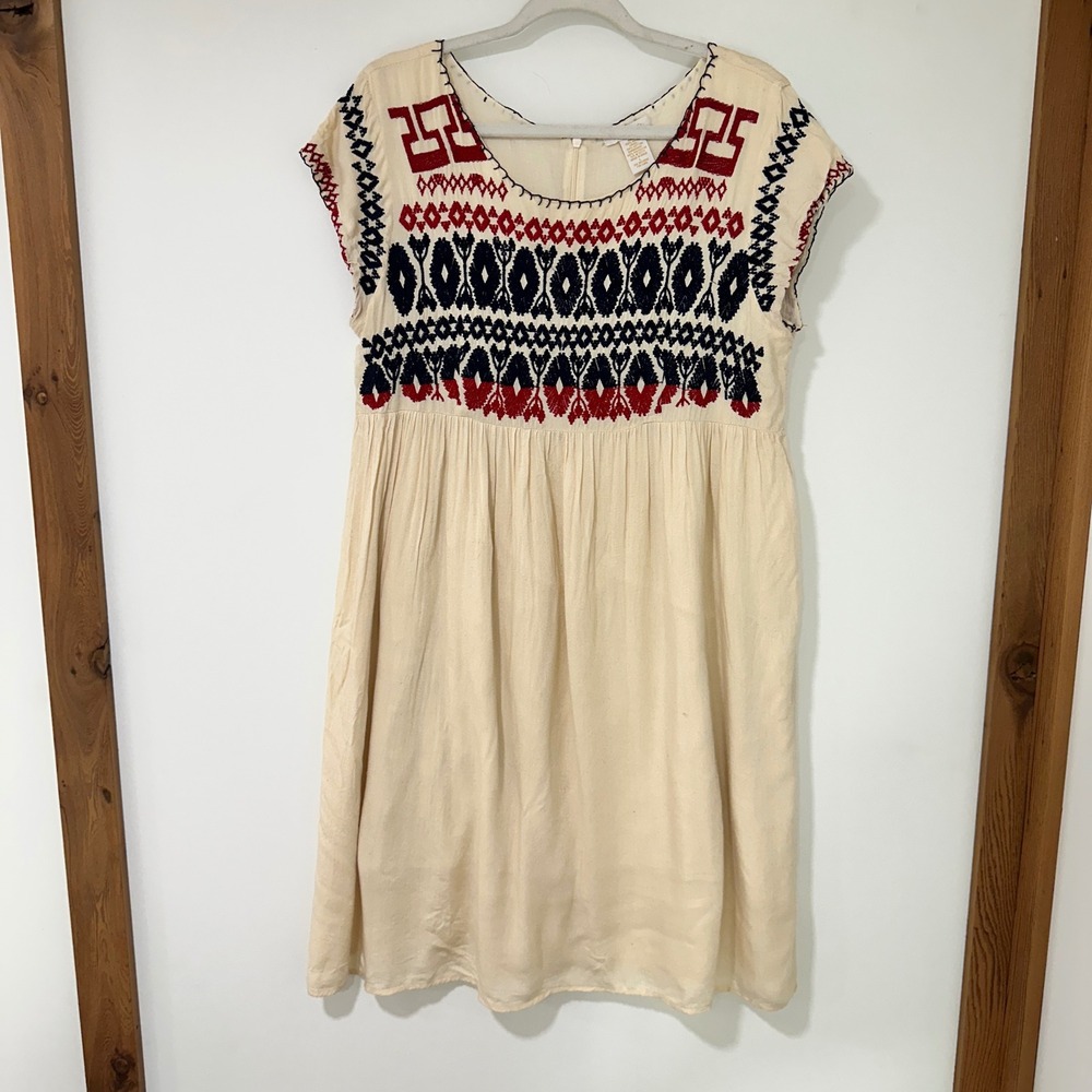 Klozyne Women Dress L Beige Rayon Cotton Embroidered Boho Geometric Short Sleeve